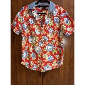VTG Liz Claiborne Lizwear MED Hawaiian Floral Button Down Shirt 90s Retro Denim
